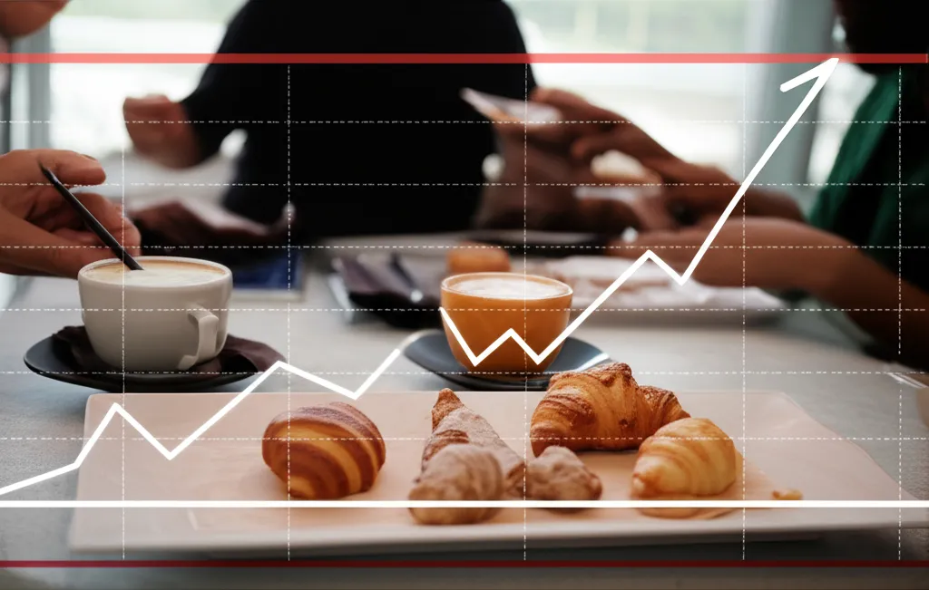 다양한 사람들이 모던한 서울 카페에서 커피와 페이스트리를 즐기고 있는 모습