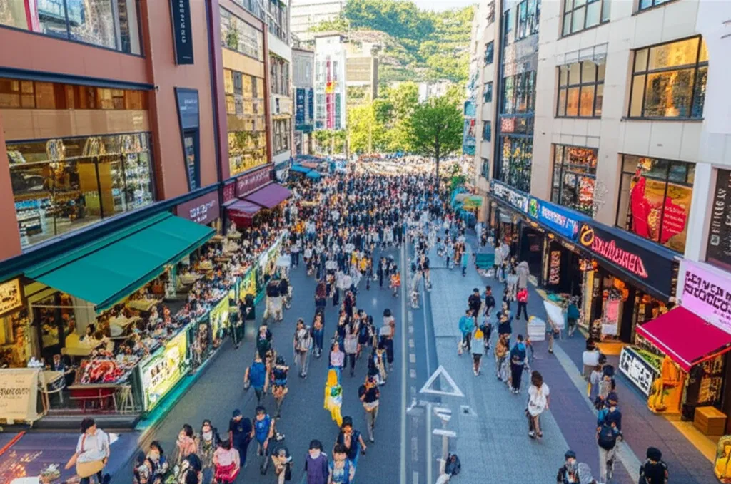 번화한 서울 카페 거리의 항공뷰